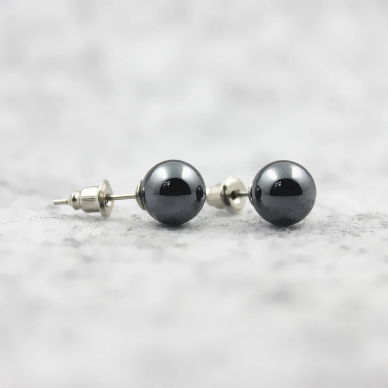 3A Grade 6mm 8mm 10mm Round Hematite Beads Stud Earrings Nickel Free (3 Pairs) HE1000