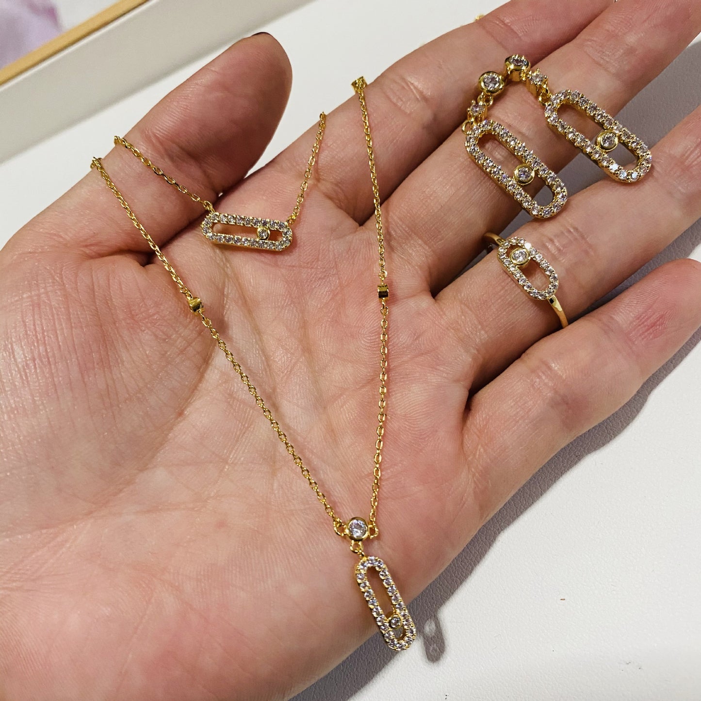 Geometric Double Layer Full Diamond Pendant Necklace Earrings Ring Set