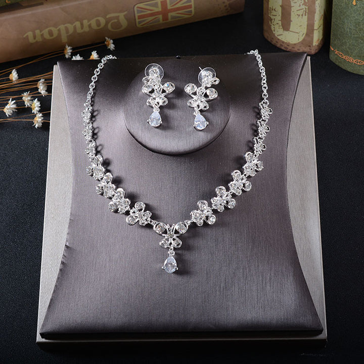 TL216 White Rhinestone Necklace Earrings Set Zircon Butterfly Pendant Earrings Pierced Drop Bride Two Piece
