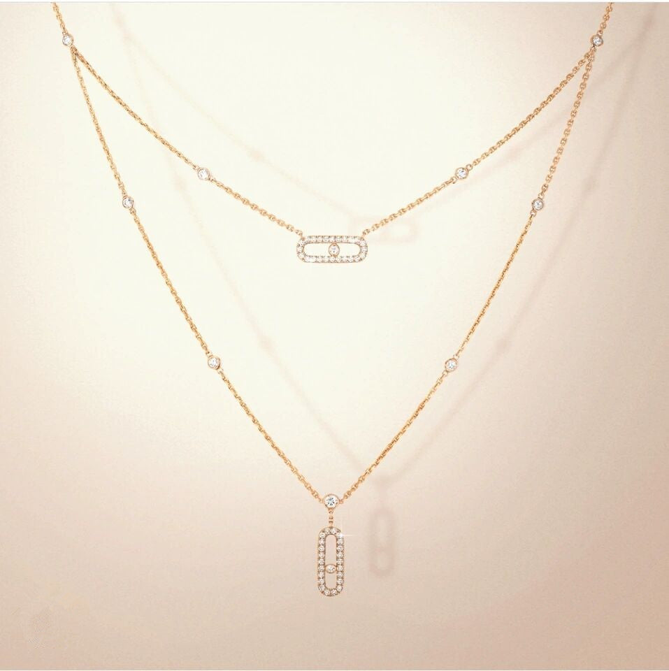Geometric Double Layer Full Diamond Pendant Necklace Earrings Ring Set