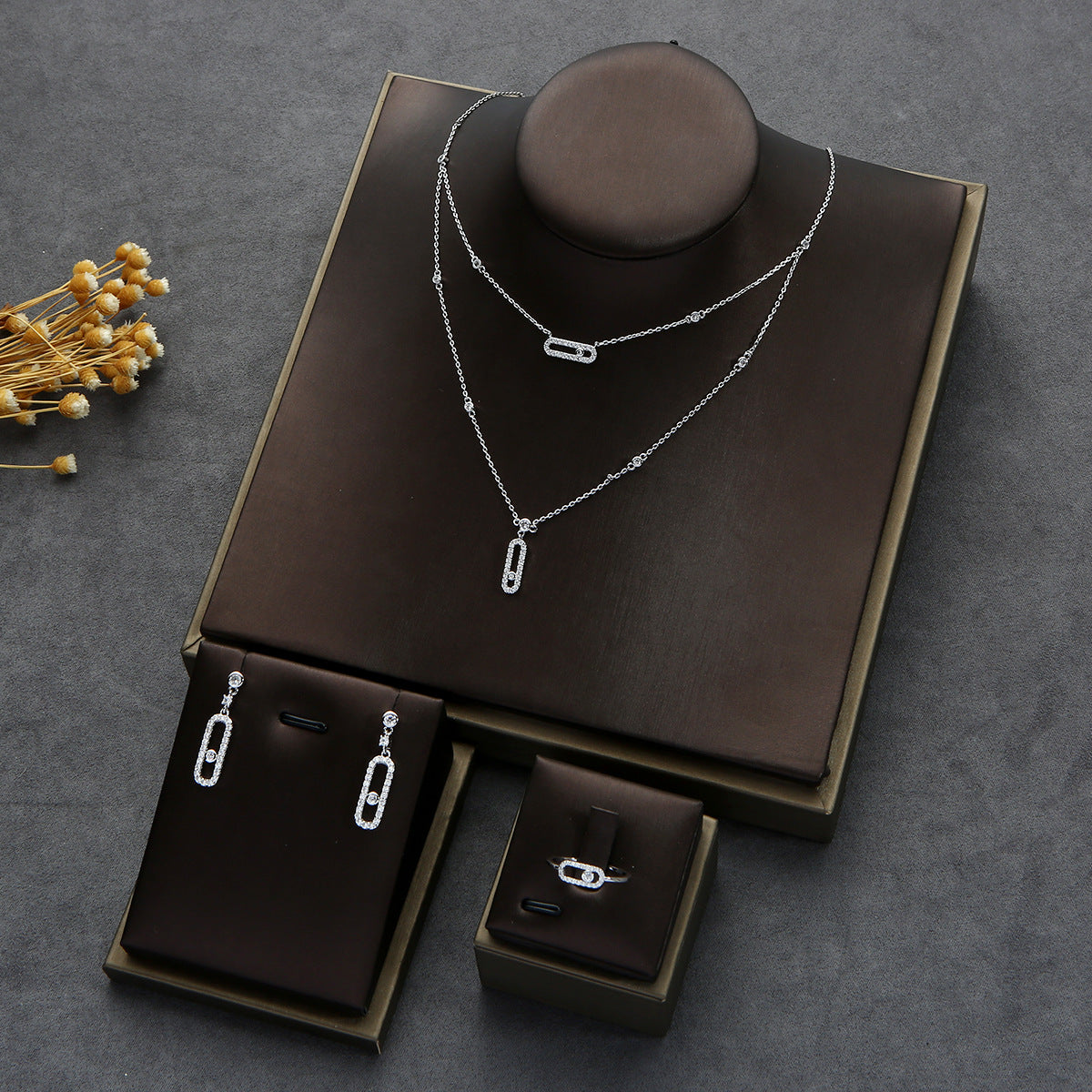Geometric Double Layer Full Diamond Pendant Necklace Earrings Ring Set