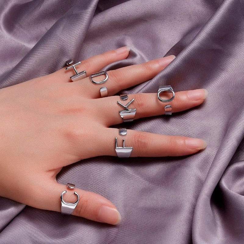 Chunky Wide Hollow A-Z Letter 3Colors Metal Adjustable Opening Ring Initials Name Alphabet Female Party Fashion Jewelry