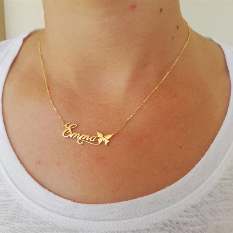 Custom Butterfly Name Necklace For Women Personalized  Heart Ribbon Stainless Steel Chain Pendant Best Birthday Gifts Jewelry
