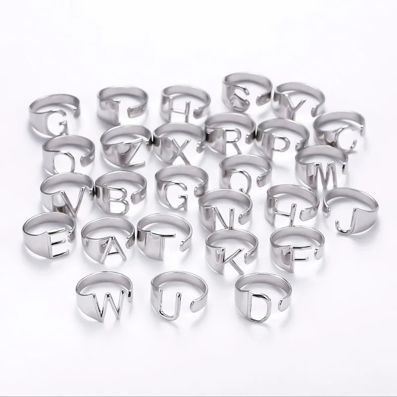 Chunky Wide Hollow A-Z Letter 3Colors Metal Adjustable Opening Ring Initials Name Alphabet Female Party Fashion Jewelry