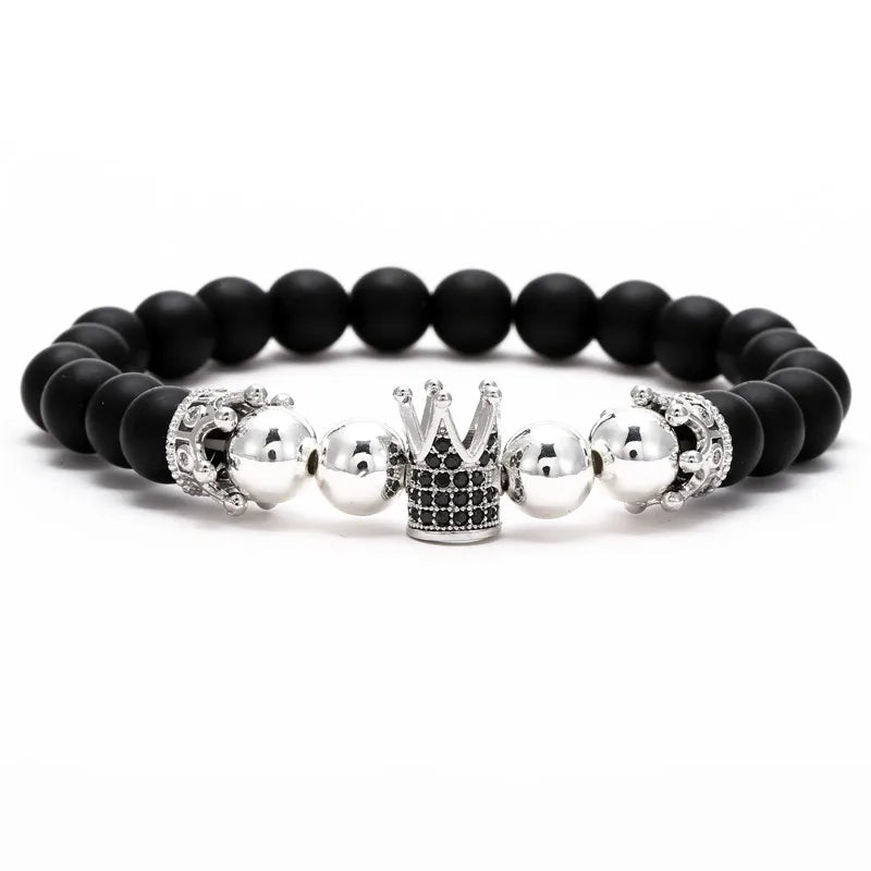 2022 Fashion Micro CZ King crown charm bracelet handmade stretch men's 8mm Copper beads women bracelet bangle jewelry