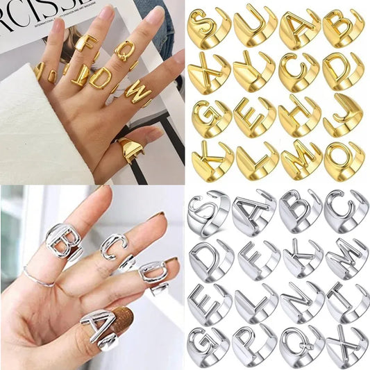 Chunky Wide Hollow A-Z Letter 3Colors Metal Adjustable Opening Ring Initials Name Alphabet Female Party Fashion Jewelry