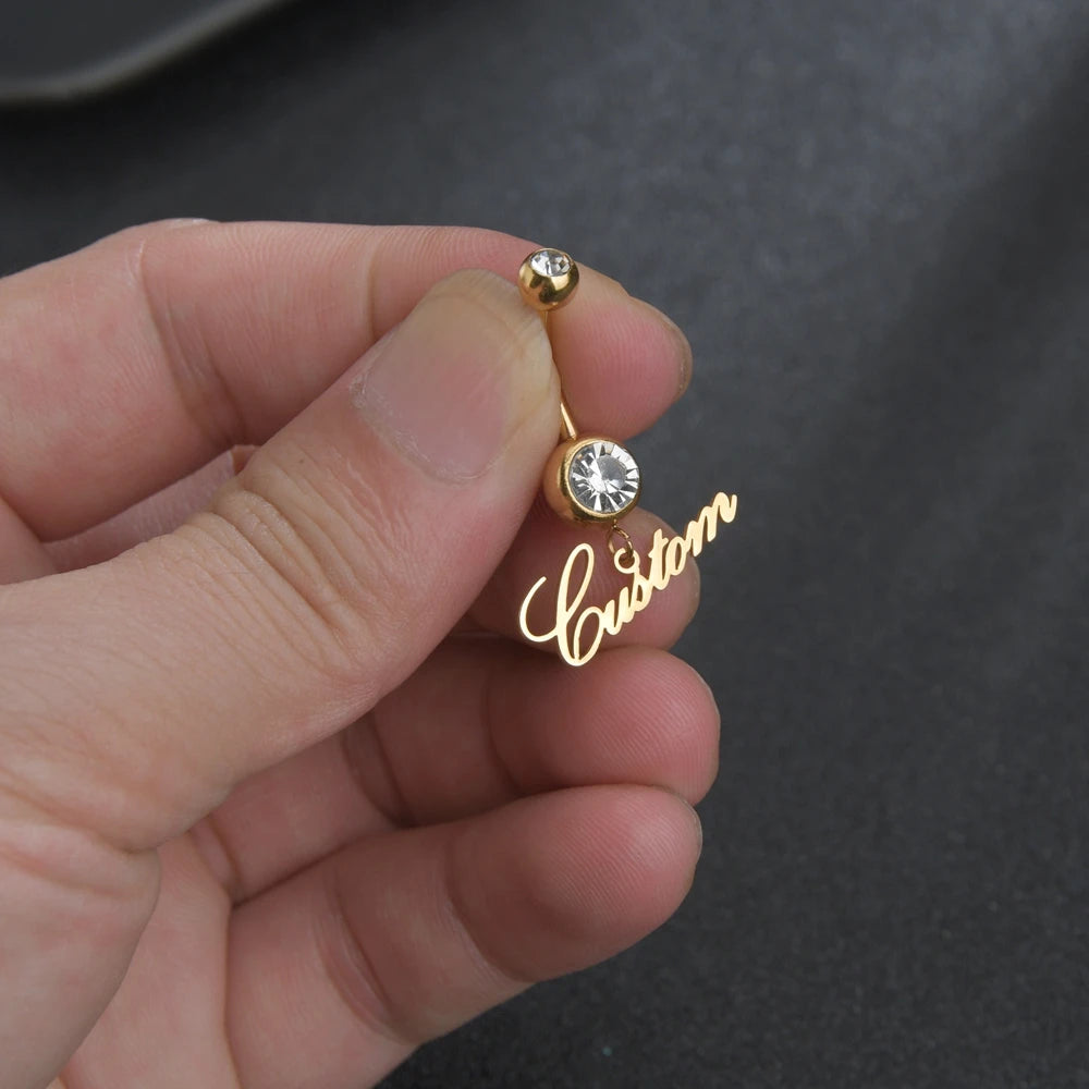 Atoztide Custom 1pc Name Sexy Navel Piercing Umbilical Nail Rings Bar Personalized Name Dangling Zircon for Woman Body Jewelry