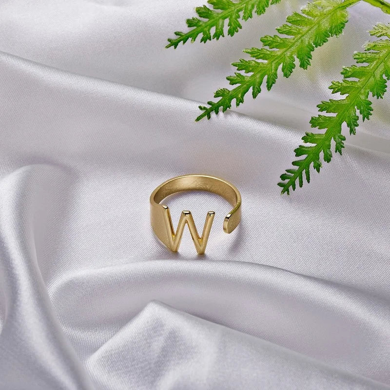 Chunky Wide Hollow A-Z Letter 3Colors Metal Adjustable Opening Ring Initials Name Alphabet Female Party Fashion Jewelry