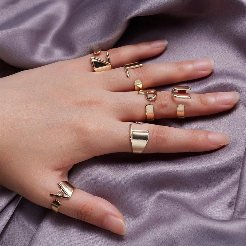 Chunky Wide Hollow A-Z Letter 3Colors Metal Adjustable Opening Ring Initials Name Alphabet Female Party Fashion Jewelry
