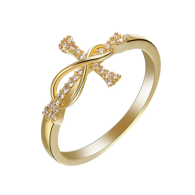 Classical Elegant Gold Color Cross Inlay White Crystal Finger Ring Women Engagement Wedding Party Jewelry Gift