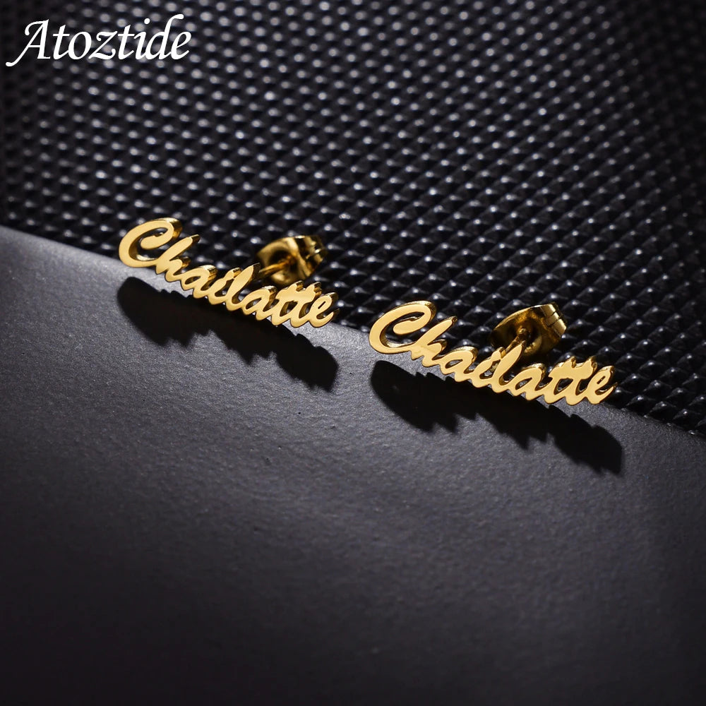 Atoztide Multi-designs Custom Name Stud Earrings for Women Customized Initial Nameplate Cursive Letter Earring Birthday Gift