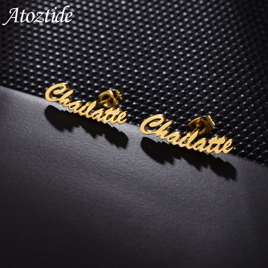 Atoztide Multi-designs Custom Name Stud Earrings for Women Customized Initial Nameplate Cursive Letter Earring Birthday Gift