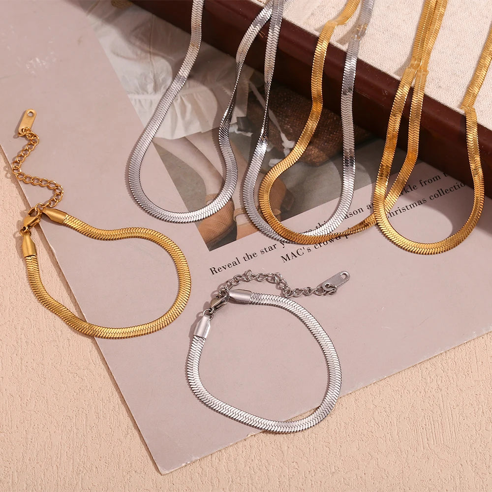 2023 New Stainless Steel Waterproof Herryingbone Chain Necklaces For Women Minimalist Gold Plated Blade Chain Bracelet Anklets