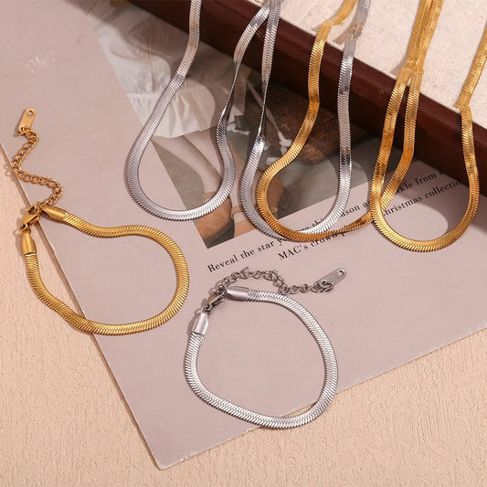 2023 New Stainless Steel Waterproof Herryingbone Chain Necklaces For Women Minimalist Gold Plated Blade Chain Bracelet Anklets