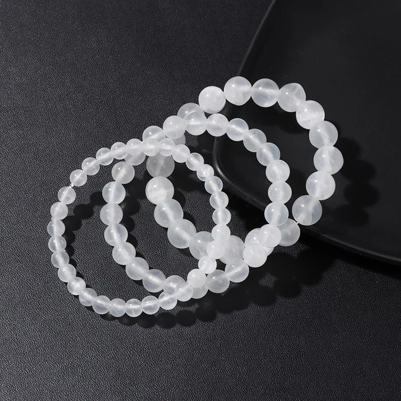 100% Natural Plaster Selenite Bracelet 6/8/10 mm Round White Fine AAA Stone Beads Bracelet Mineral Cat Eye Yoga Balance Jewelry