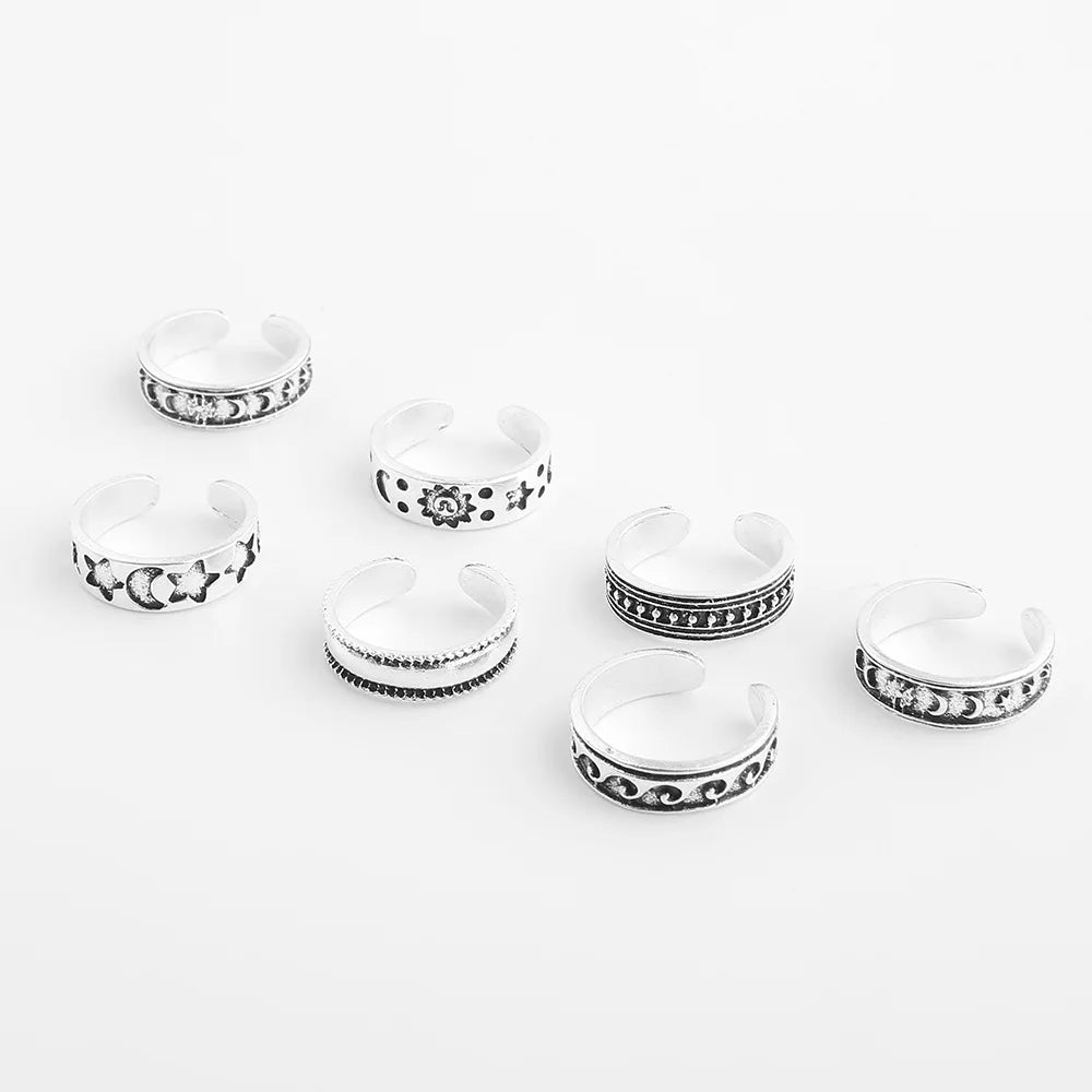 7pcs Retro Hollow Carved Star Moon Toe Rings Adjustable Opening Finger Ring for Women Boho Beach Foot Ring Jewelry
