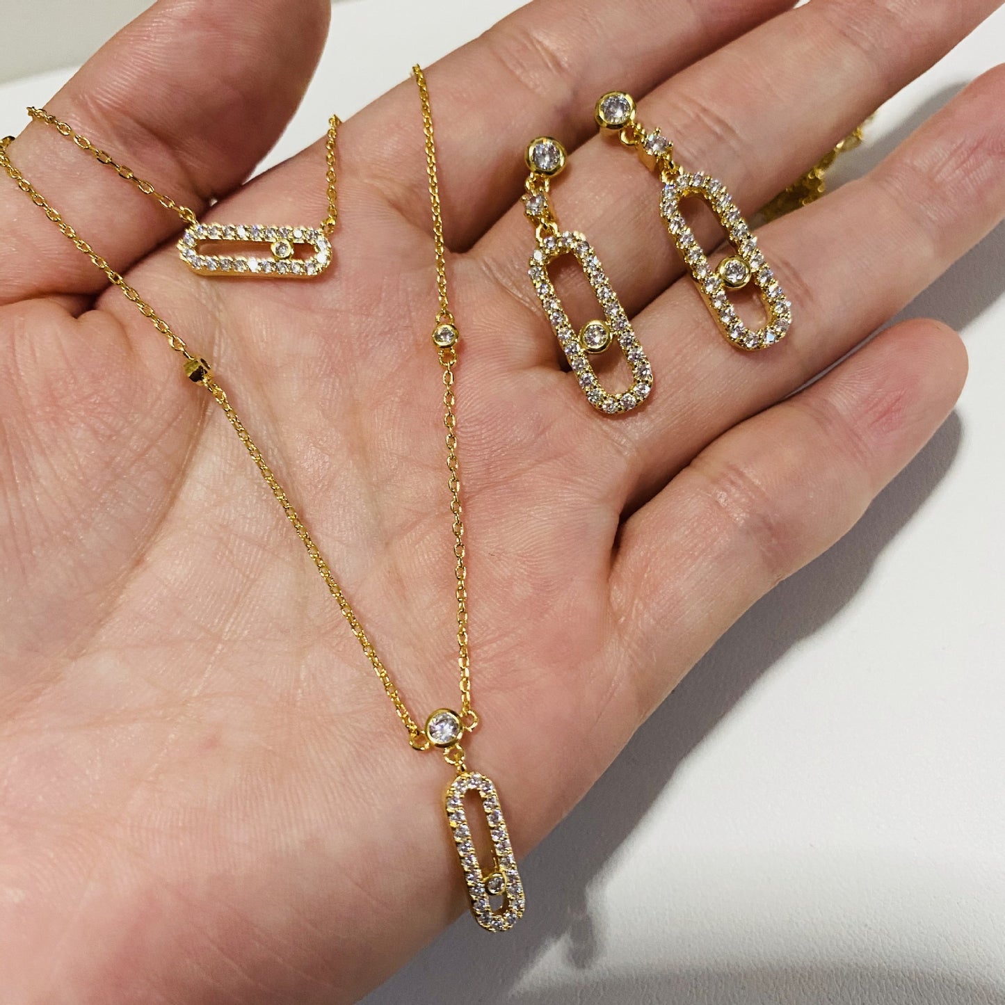Geometric Double Layer Full Diamond Pendant Necklace Earrings Ring Set